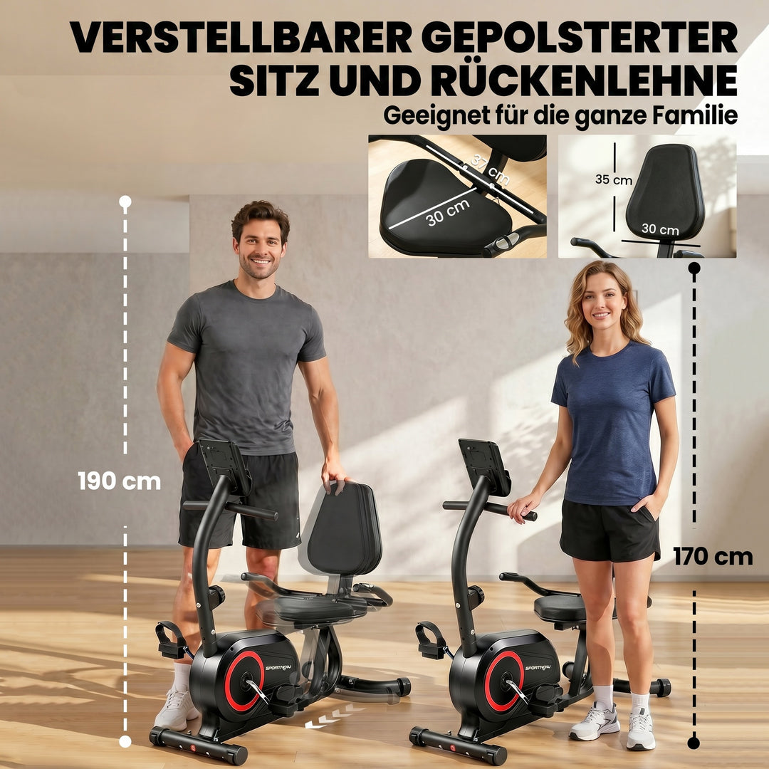 Liggecykel til hjemmebrug med 8 justerbare modstandsniveauer, magnetbremse, app, pulssensor, LCD-display og fodstropper.