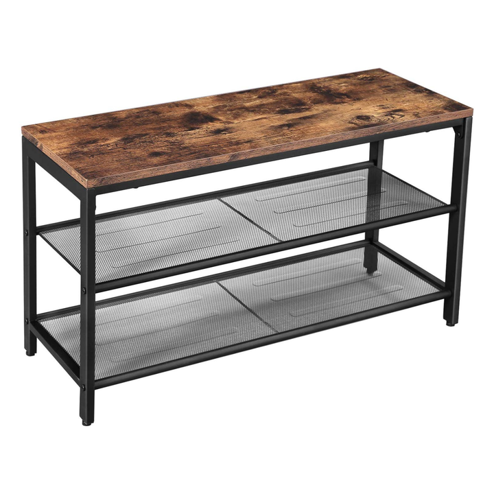 Skobænk med sæde og to hylder, metal, 80 x 30 x 45 cm, rustik brun