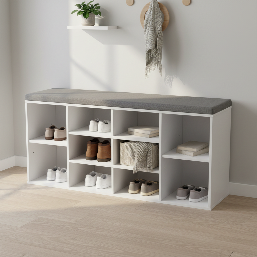 Skoreol / skobænk med grå hynde, 104x48x30 cm, hvid