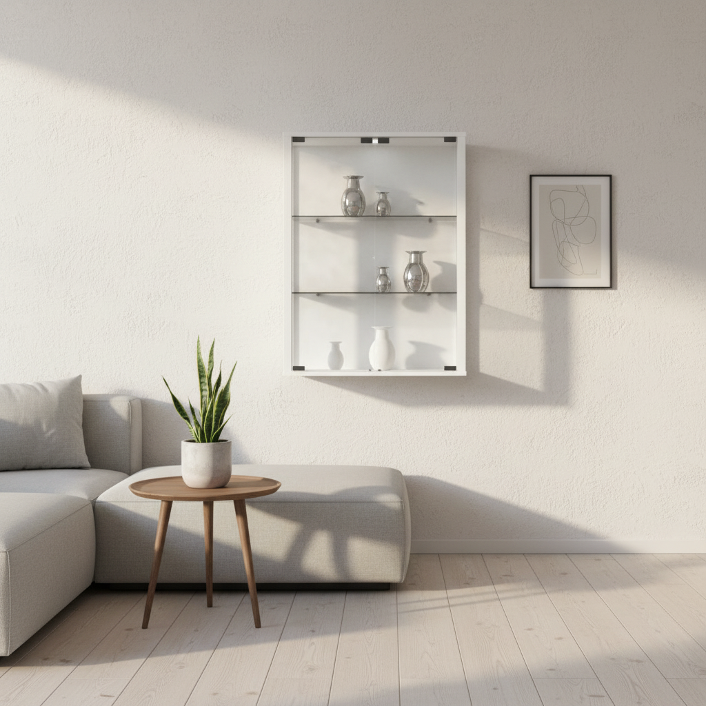 Vægvitrineskab, vægmontre, glasmontre, 80 x 60 x 25 cm, hvid