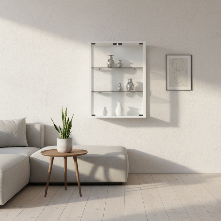 Vægvitrineskab, vægmontre, glasmontre, 80 x 60 x 25 cm, hvid