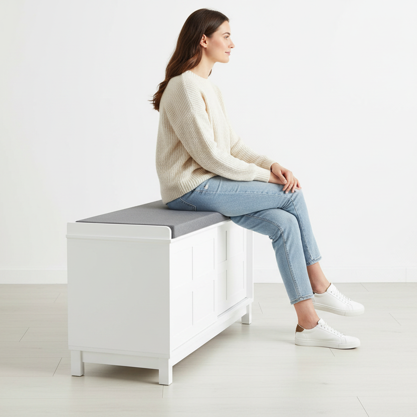 Bænk med sædehynde og skab, 114x53x40 cm, hvid