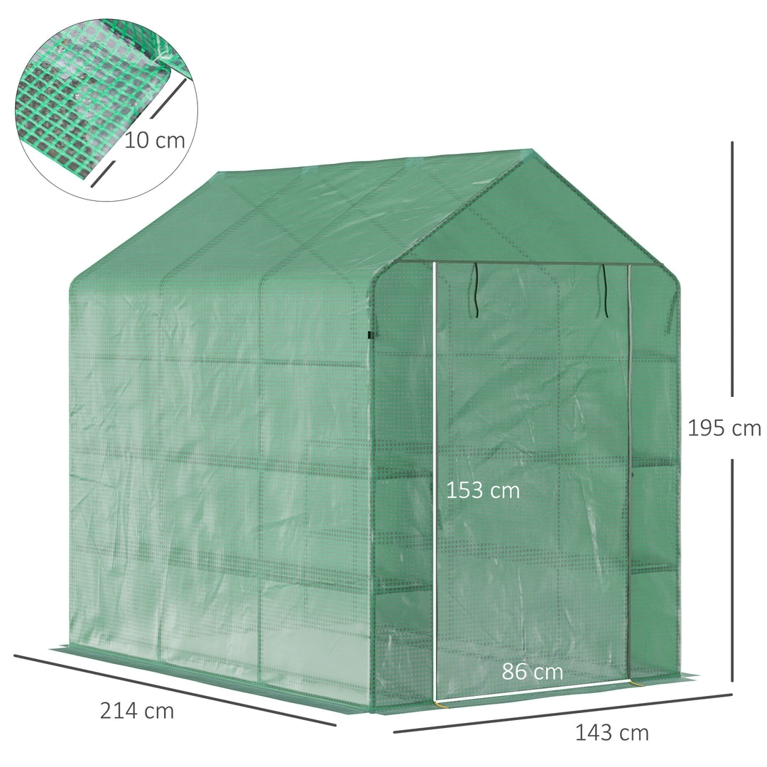 Plastikdrivhus, walk-in drivhus med 8 hylder, tomatdrivhus, drivhus, kold ramme med dør, grøn stål, pe-plast 214 x 143 x 195 cm