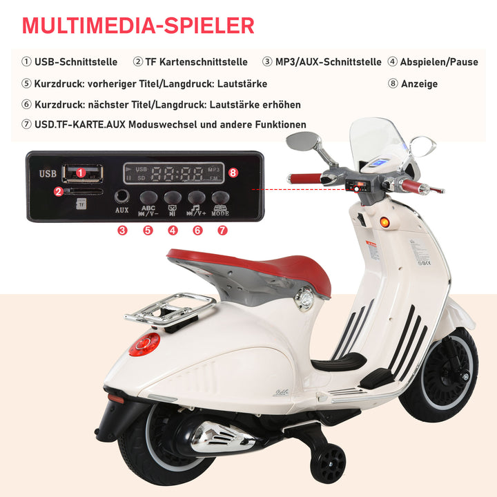 Børne elmotorcykel, 6v børnemotorcykel med forlygte, musik, frem- og bakgear, støttehjul, 30 kg lastkapacitet, elmotorcykel til børn 3-6 år, hvid