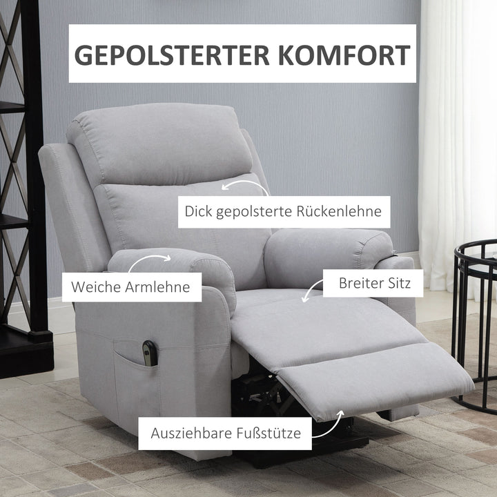Elektrisk stol med hæve-sænkefunktion til seniorer, lænestol, tv-stol med sovefunktion og ståhjælp, tv-stol, lænefunktion, linned touch, lysegrå, 83 x 89 x 102 cm