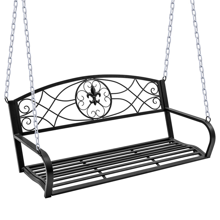 Hængebænk, 2-personers havegynge, gyngebænk, Hollywood-gynge, hængebænk med kæder, metal, sort, 132 x 63 x 58 cm