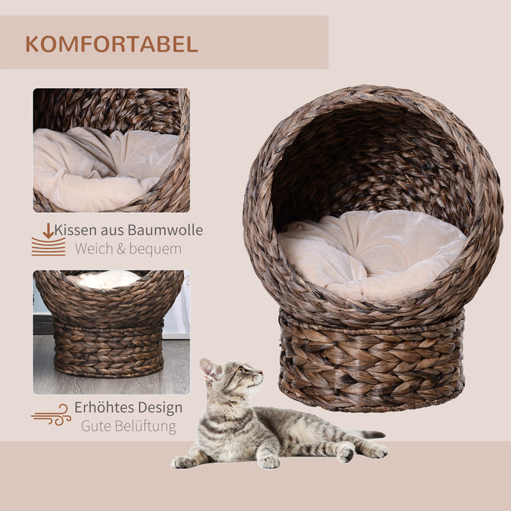 Vandhyacint kattekurv med pude, katteseng, kæledyrsseng, 50 cm x 42 cm x 60 cm, brun + beige
