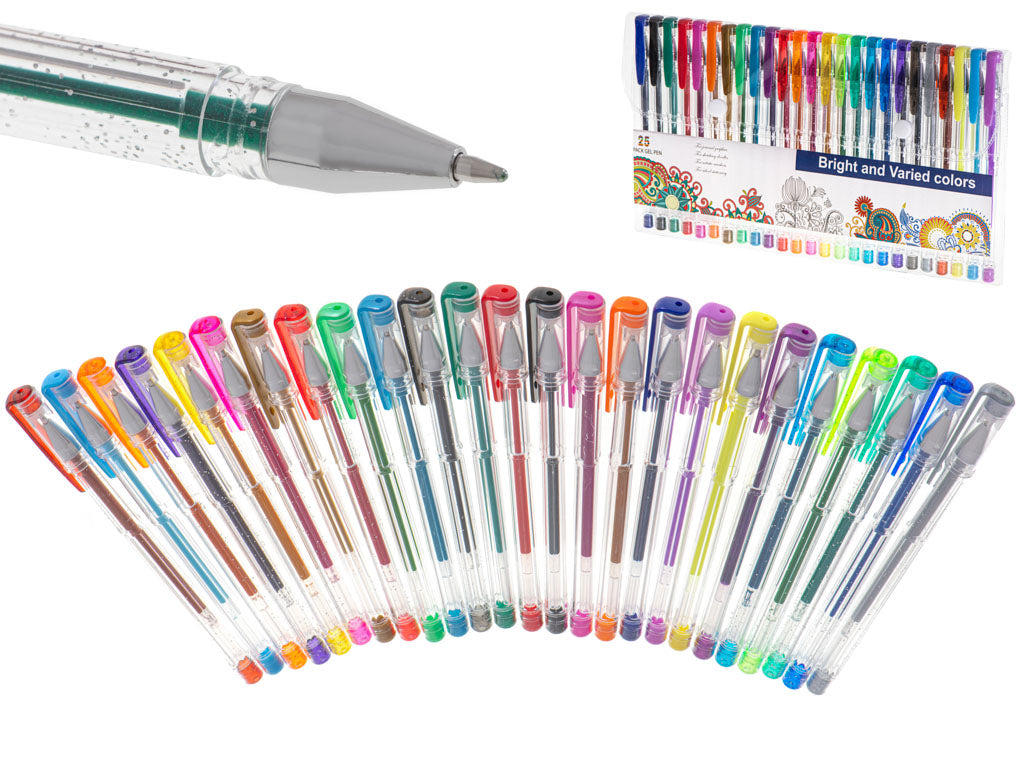 Sæt med 25 farvede glitter gelpenne.