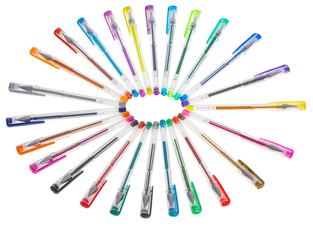 Sæt med 25 farvede glitter gelpenne.
