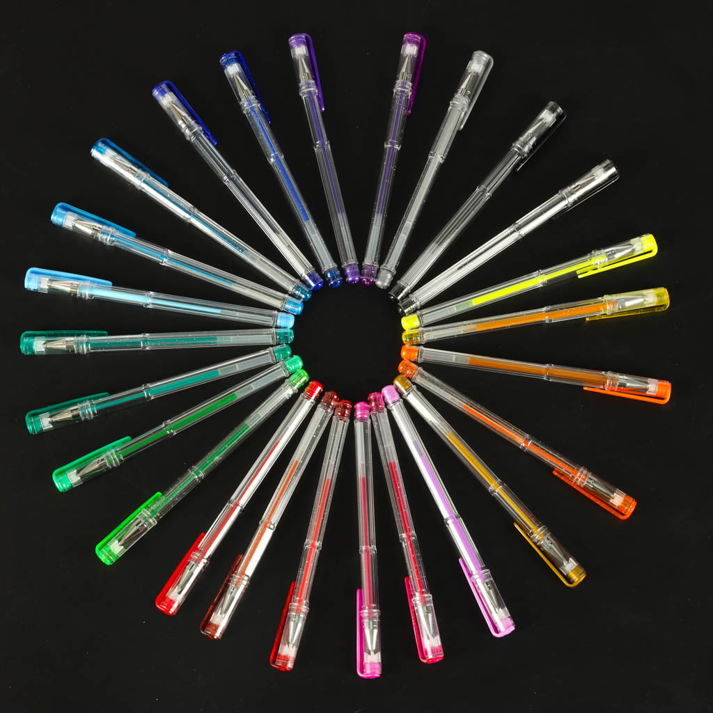 Sæt med 25 farvede glitter gelpenne.