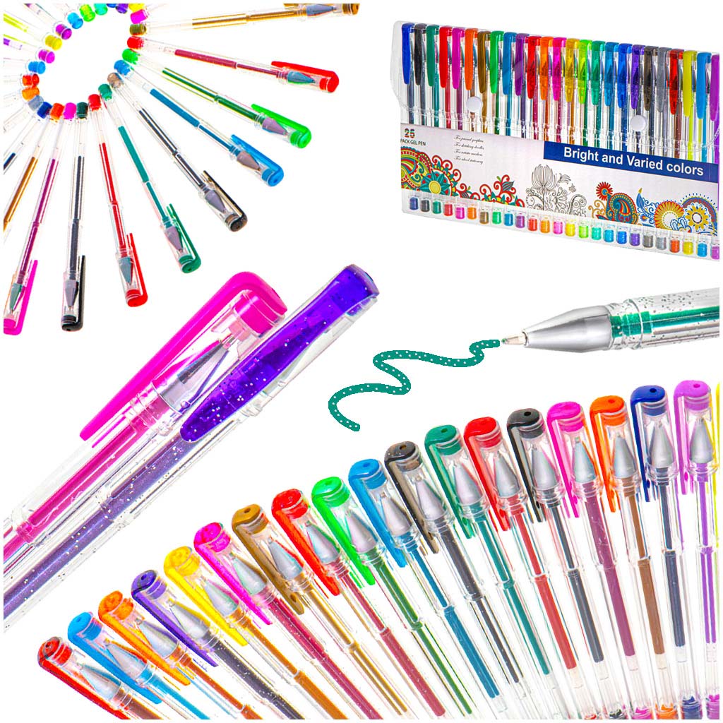 Sæt med 25 farvede glitter gelpenne.