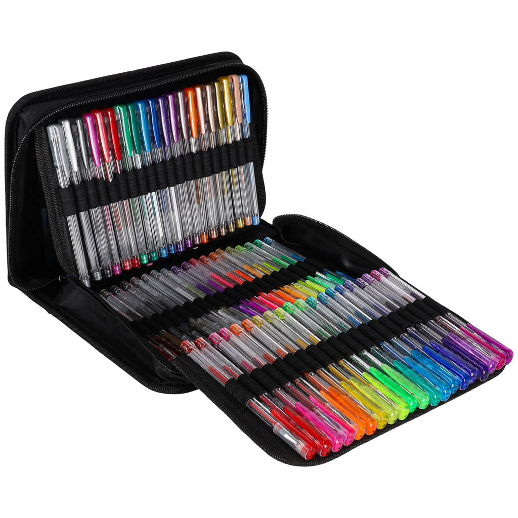 Farvede gelpenne i etui med 100 stk. + 100 refills