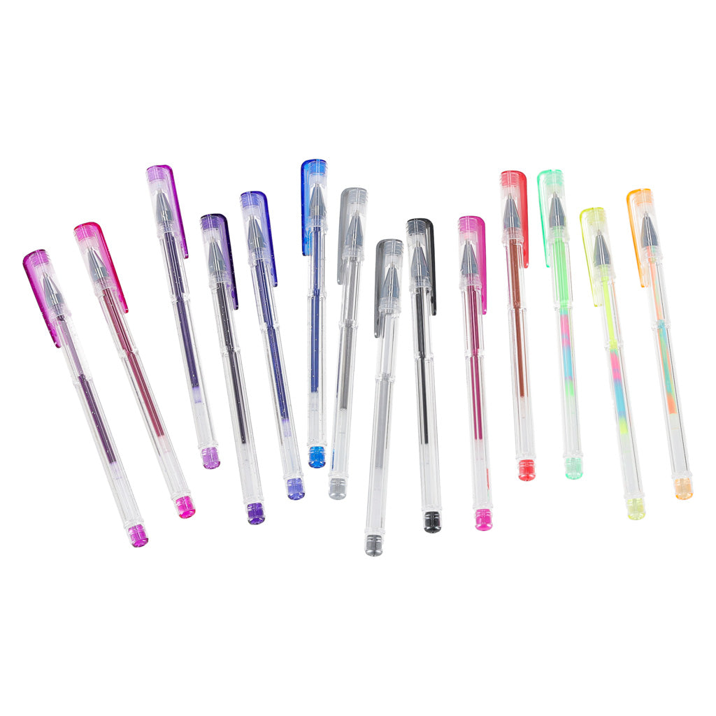 Farvede gelpenne i etui med 100 stk. + 100 refills