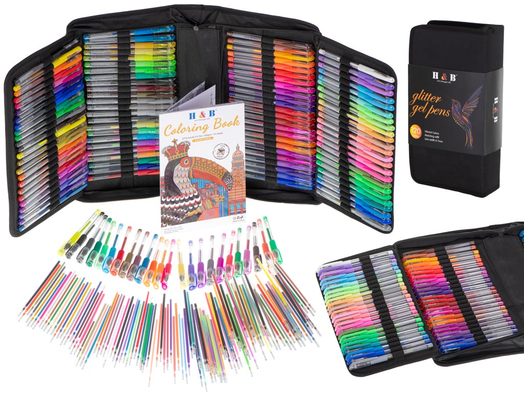 Farvede gelpenne i etui med 120 stk. + 120 refills