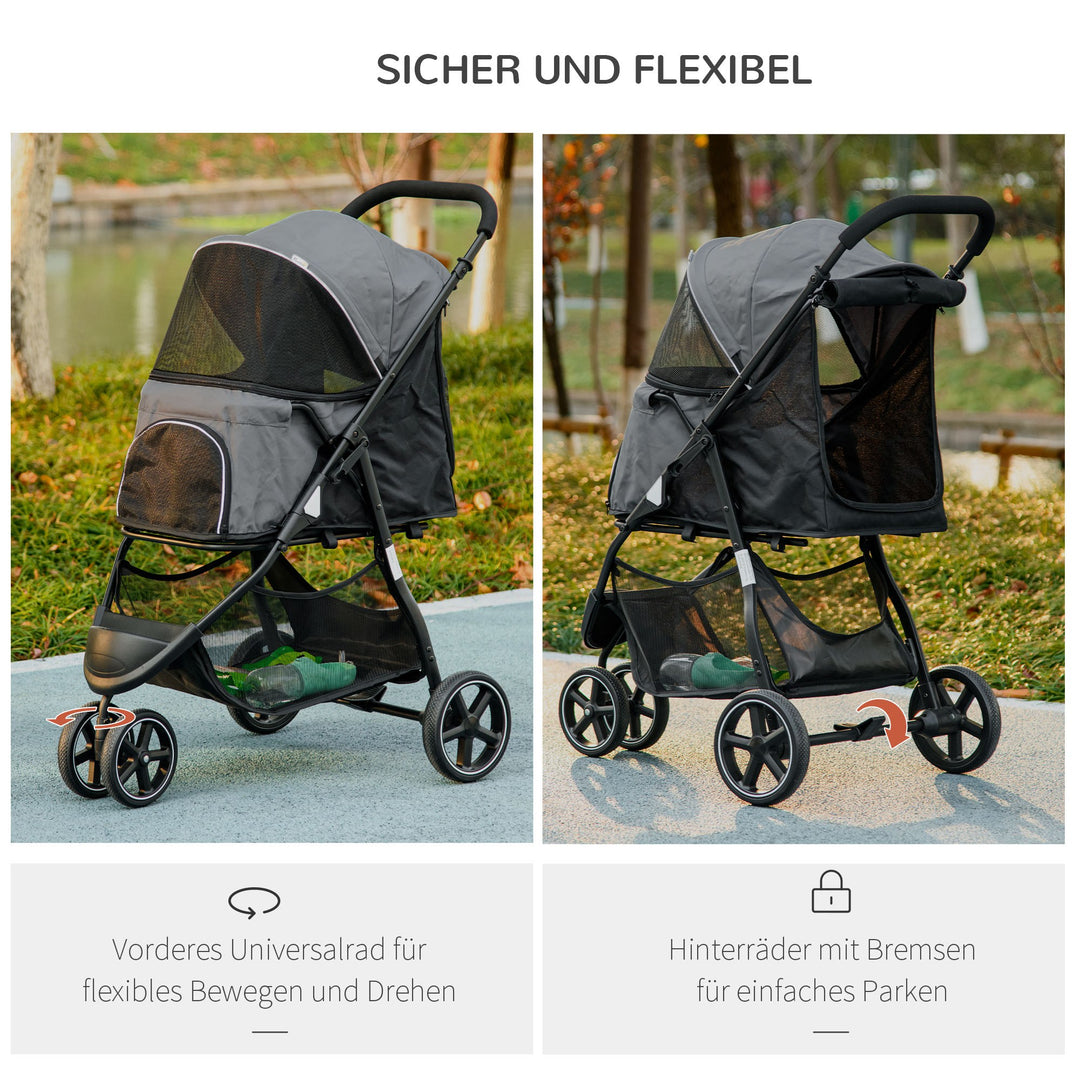 Hundevogn kæledyrsvogn op til 10 kg sammenklappelig regnovertræk 2 sikkerhedssnore 83 cm x 55 cm x 101 cm grå + sort