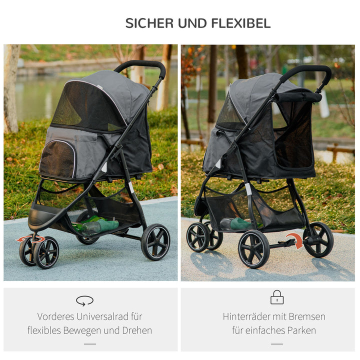 Hundevogn kæledyrsvogn op til 10 kg sammenklappelig regnovertræk 2 sikkerhedssnore 83 cm x 55 cm x 101 cm grå + sort