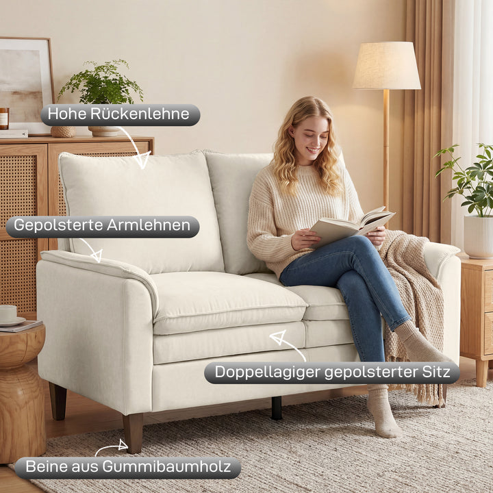 146 cm to-personers sofa, chenille sofa med dobbeltbetræk, fjerhynder, dybt sæde, højt ryglæn, cremefarvet