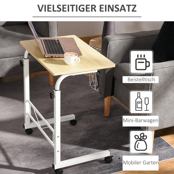 Sidebord højdejusterbart sofabord mobilt endbord med hjul låsebremser c-borde spånplade stål jern plastik hvid ahornfarve 60 x 40 x 68-78 cm