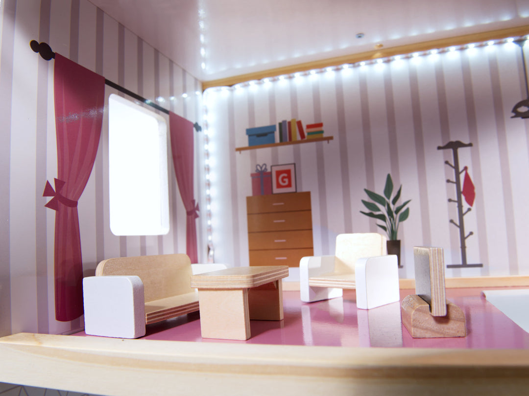MDF trædukkehus + møbler 78 cm sort LED