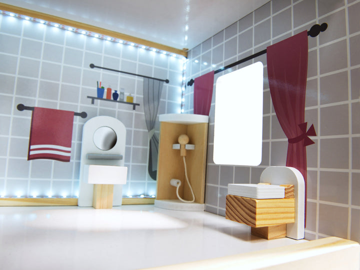 MDF trædukkehus + møbler 78 cm sort LED