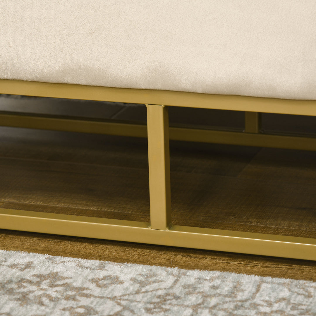 Opbevaringsbænk med dekorative knapsyninger, flannel-look, guldfarvede stålben, 110 x 47 x 46,5 cm