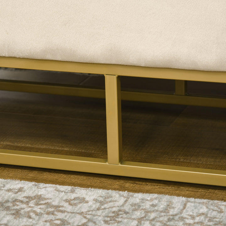 Opbevaringsbænk med dekorative knapsyninger, flannel-look, guldfarvede stålben, 110 x 47 x 46,5 cm