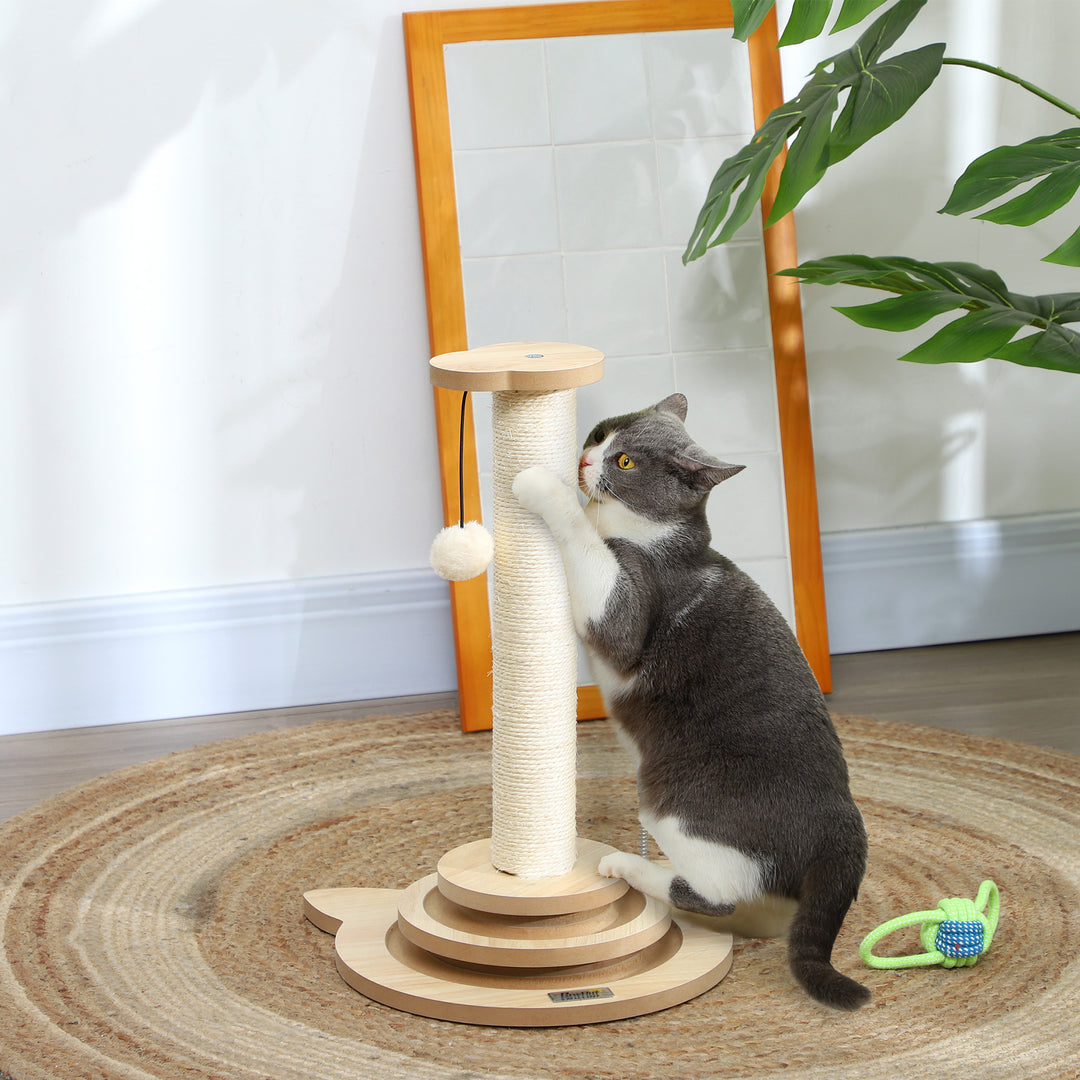 Kradsetræ til katte, 49 cm, sisal kradsetræ, boldløbebane, legebold, legefjeder, 4-i-1 design, eg, hvid