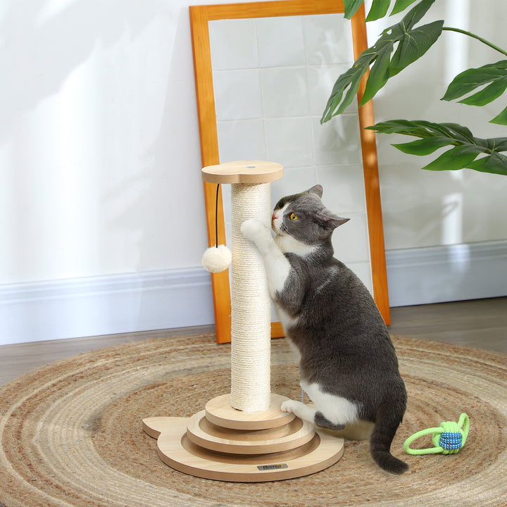 Kradsetræ til katte, 49 cm, sisal kradsetræ, boldløbebane, legebold, legefjeder, 4-i-1 design, eg, hvid