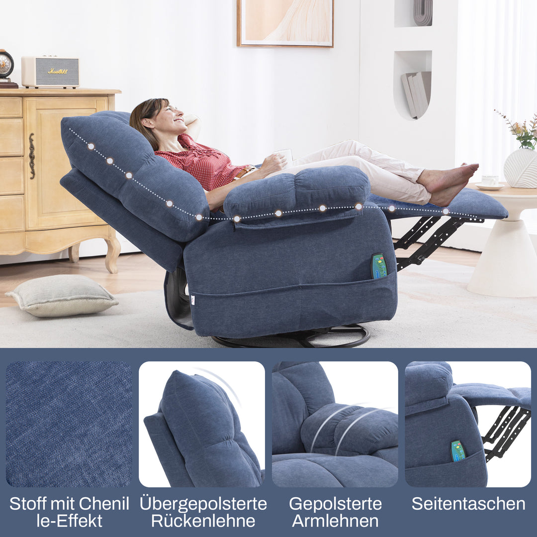 Massagestol med varme- og lænefunktion, drejelig, op til 150 kg, metalstel, 98x90x98cm, blå