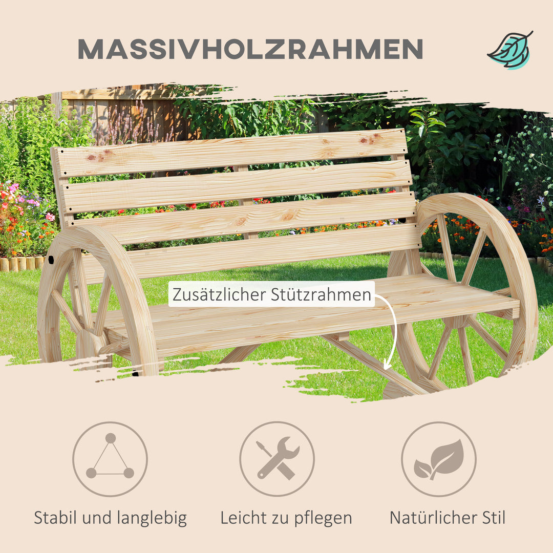 Havebænk, vognhjulsdesign, til 2 personer, naturtræ, mørkebrun, 105,5 x 56 x 79 cm, naturfarvet
