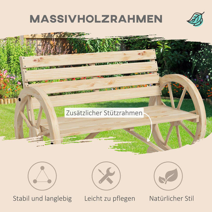 Havebænk, vognhjulsdesign, til 2 personer, naturtræ, mørkebrun, 105,5 x 56 x 79 cm, naturfarvet