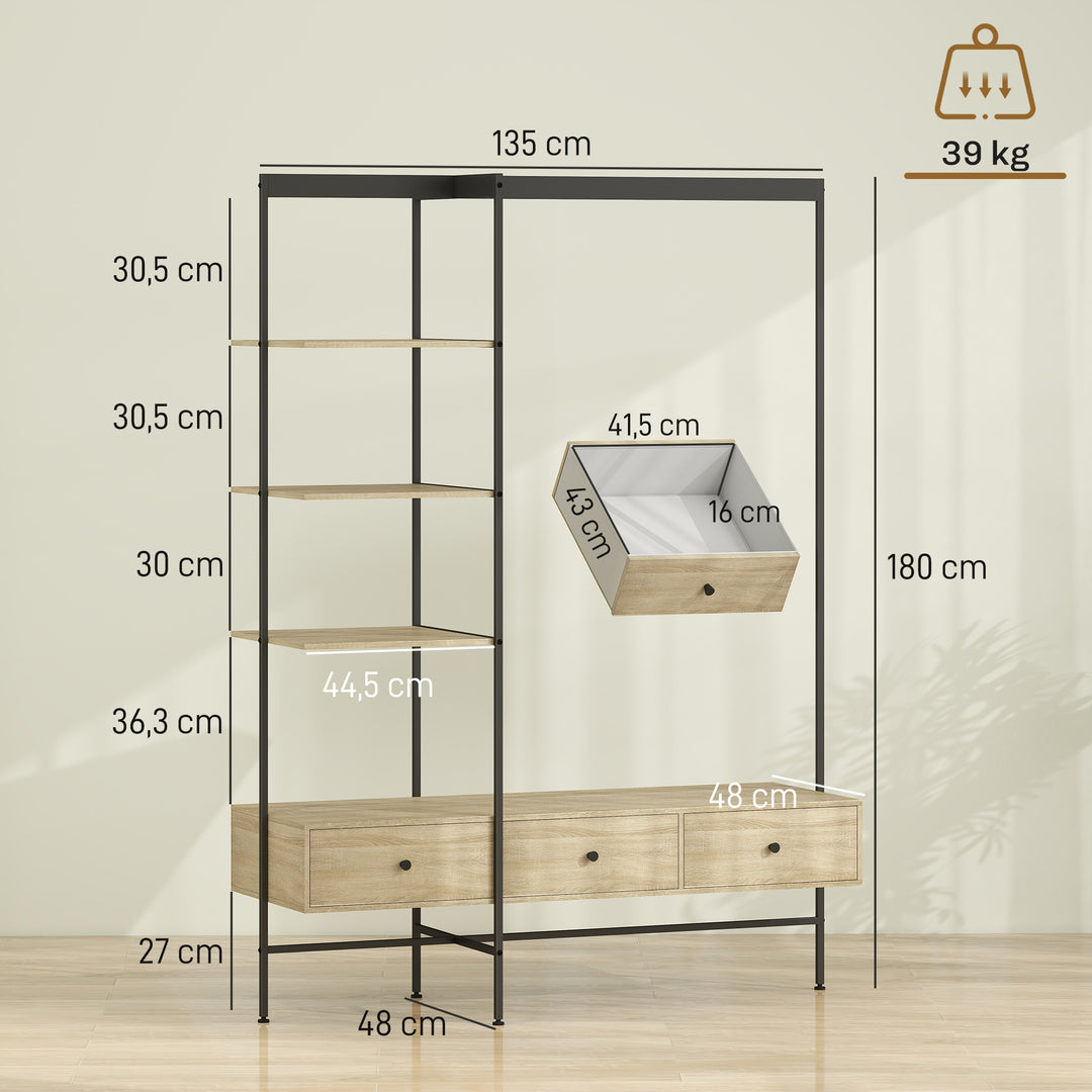 Knagerække med hylder, skuffer og garderobestang, 180 cm fritstående garderobestativ i moderne stil, metalramme, egetræ