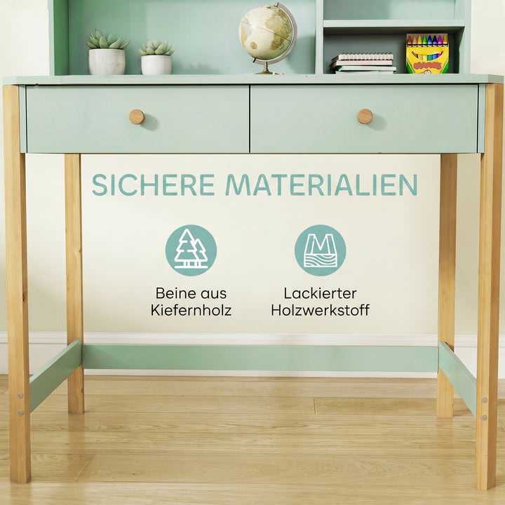 Børneskrivebord, elevskrivebord med skuffer, hylde, opbevaringsplads til børn i alderen 5-12 år, 90 x 52 x 105 cm, grøn