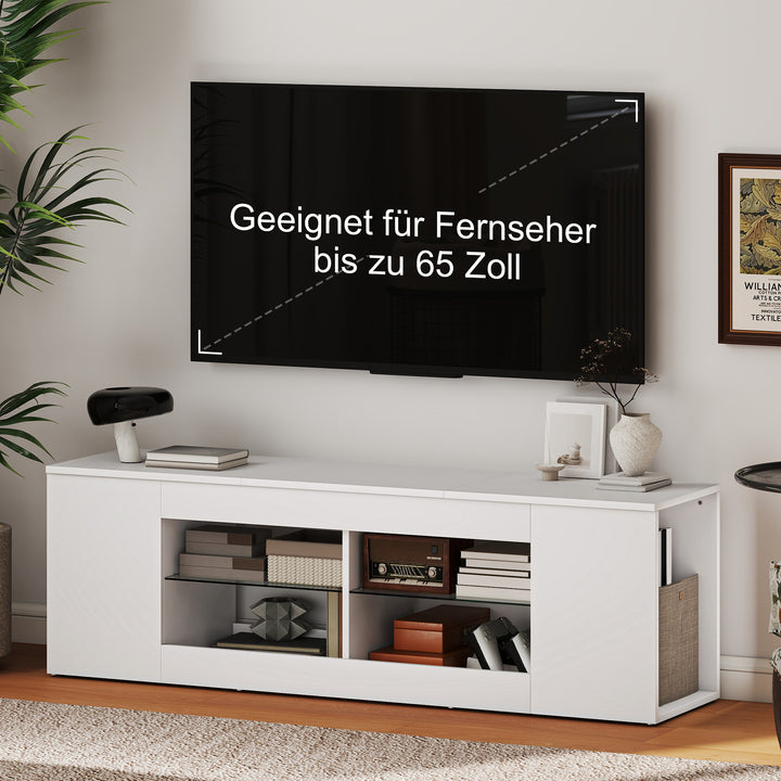 140 cm TV-bord, TV-skab, 6 rum, 2 glashylder, spånplade, hvid