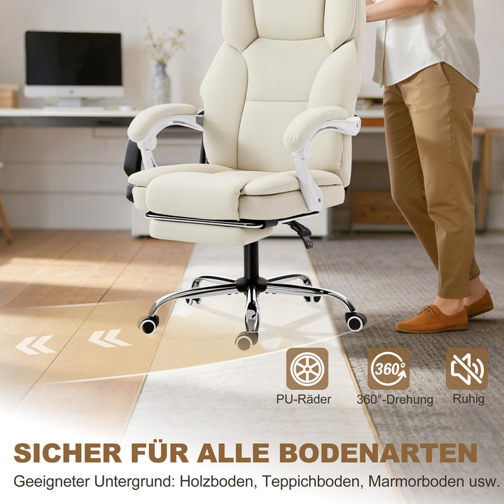 Kontorstol med lænefunktion, skrivebordsstol, højdejusterbar drejestol med fodstøtte, 64 x 73 x 120 cm, beige
