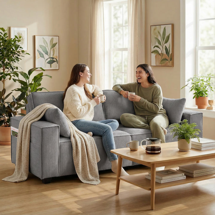 218 cm 3-personers sofa, moderne fløjlssofa med pocketfjederbetræk, brede armlæn og 2 hynder, lysegrå