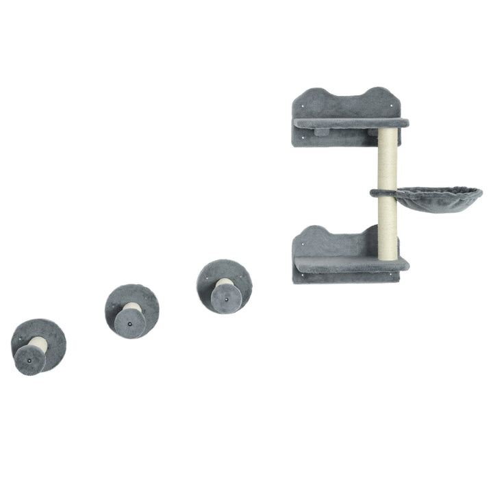 Klatretrappe, klatrevæg, kattetrappe, sæt med 4 dele, med kradsetræ, hængekøje, grå og cremehvid, 40 x 28 x 73 cm