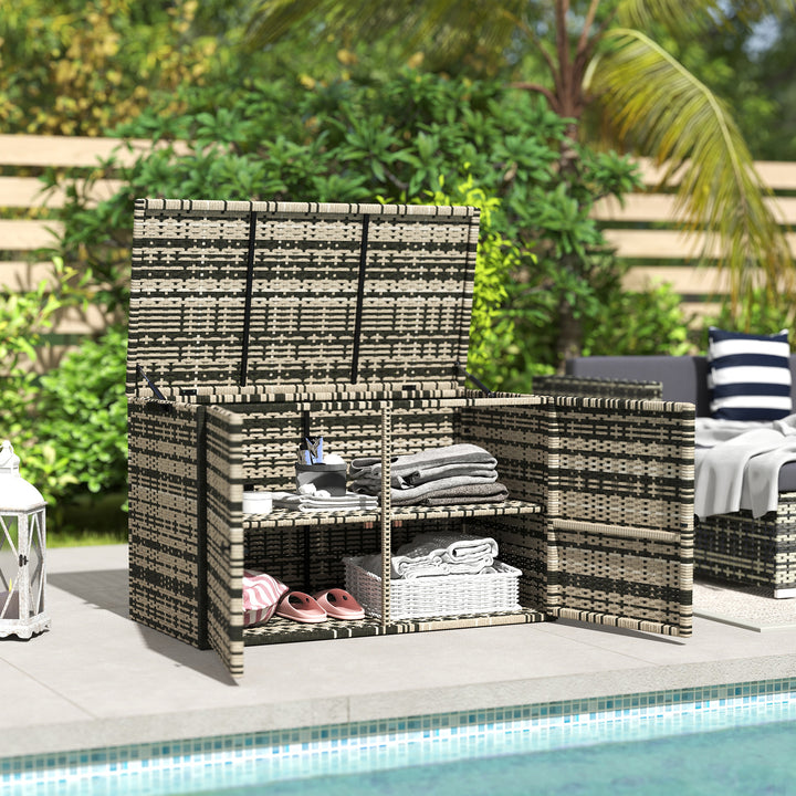 Rattan opbevaringskasse 350l 2-niveau hyndekasse med låg løftestænger bærehåndtag 118 x 57 x 69 cm blandet grå