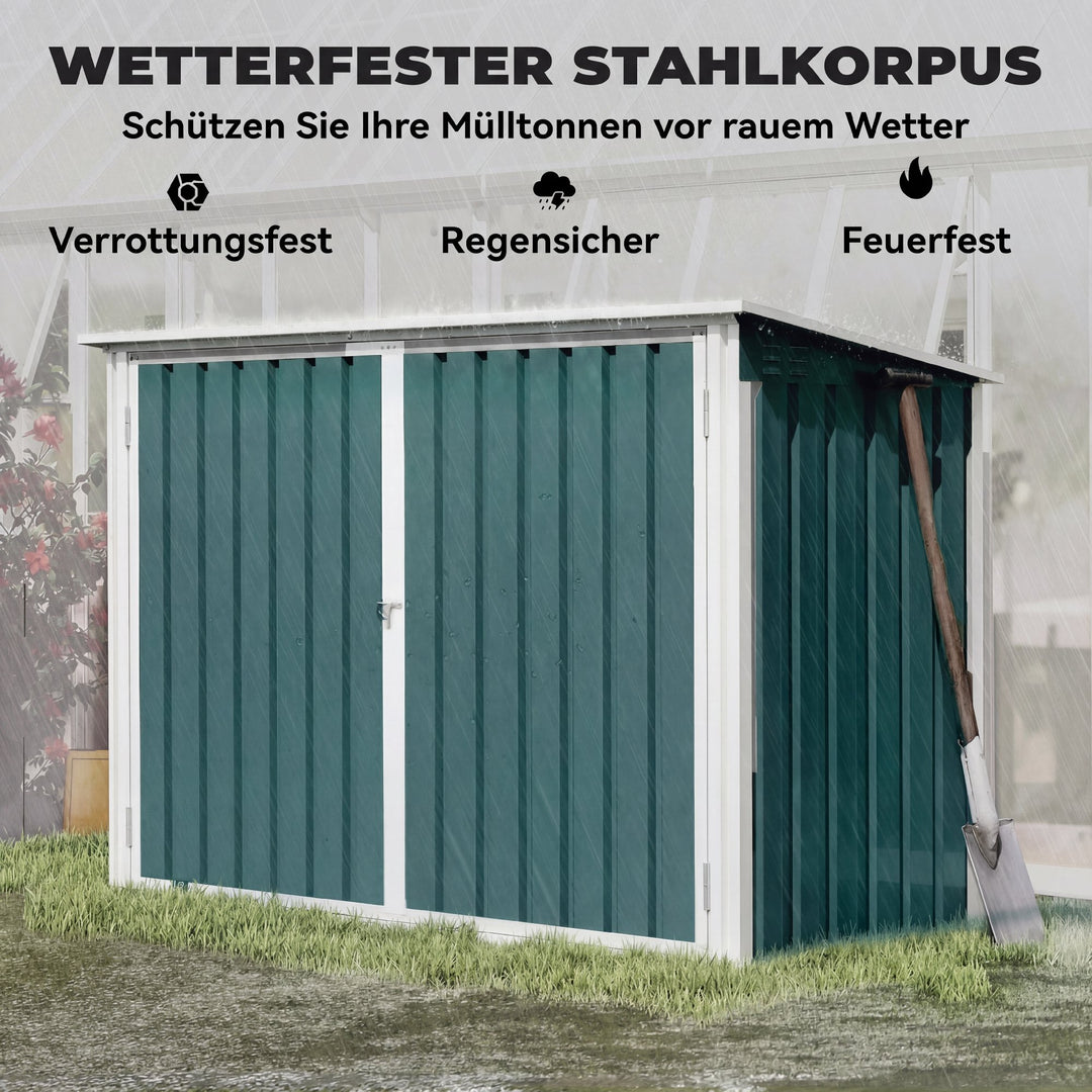 Aflåselig opbevaringsenhed med dobbeltdøre og låg til 2 skraldespande, stål, 179,5 x 108 x 129,5/113 cm, grøn