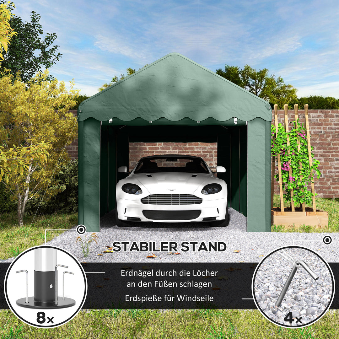 3x6 m transportabel carport, biloverdækning med 2 indgange, polyestertag, til biler, både, haveudstyr, mørkegrøn