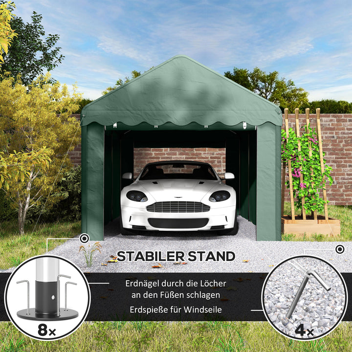 3x6 m transportabel carport, biloverdækning med 2 indgange, polyestertag, til biler, både, haveudstyr, mørkegrøn