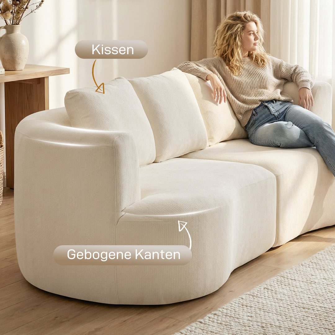 3-personers sofa, 260 cm chenillesofa med bredt sæde, polstring med fjederkerne, højdensitetsskum, 3 cremefarvede hynder