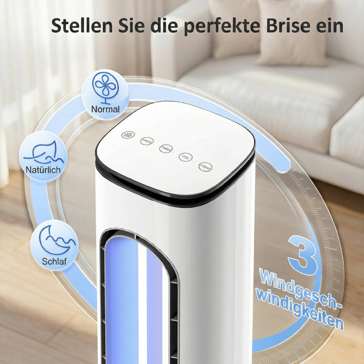 Rotorløs tårnventilator til soveværelser, 35 dB støjsvag standerventilator med 50° oscillation, LED-lys, 3 hastigheder, 15-timers timer, hvid