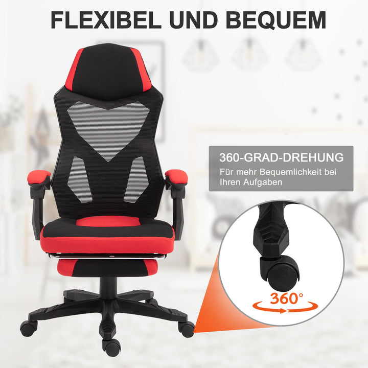 Ergonomisk kontorstol, gamingstol, drejestol med fodstøtte, pc-stol, executive-stol, højdejusterbar, polyester, sort+rød, 58 x 63 x 112-122 cm