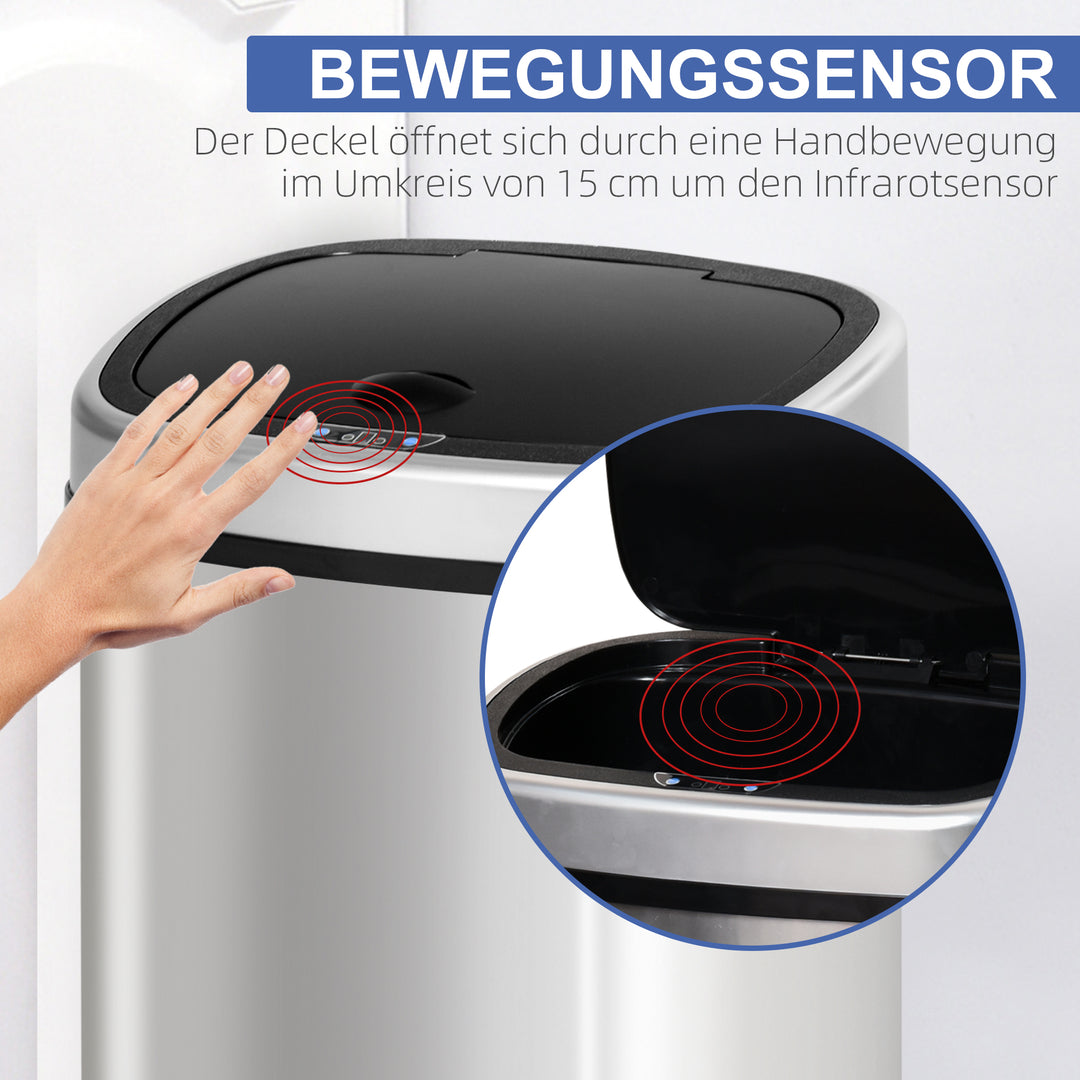 Skraldespand med sensor 58l automatisk affaldsbeholder med bevægelsessensor, vandtæt affaldsbeholder i rustfrit stål til køkken, kontor, soveværelse, sølv