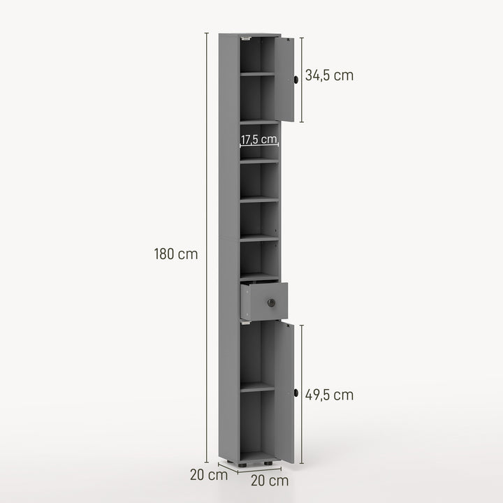 Badeværelsesskab, 4 hylder, skuffe, spånplade, slankt design, grå