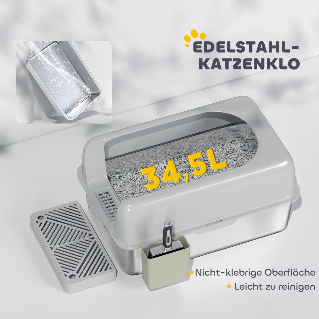 Kattebakke, rustfrit stål, høje vægge, opbevaringsboks, lysegrå