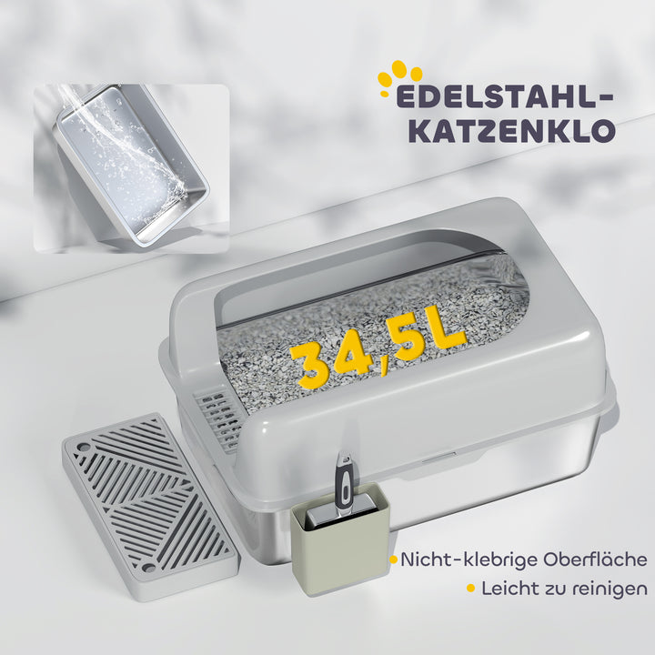 Kattebakke, rustfrit stål, høje vægge, opbevaringsboks, lysegrå