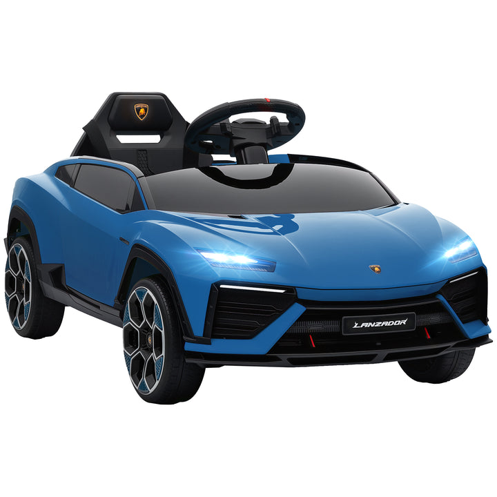 Børne elbil, 12V, med 2,4 GHz fjernbetjening, 2 motorer, horn, LED-lys, musik, 101,5 x 49 x 43 cm, blå