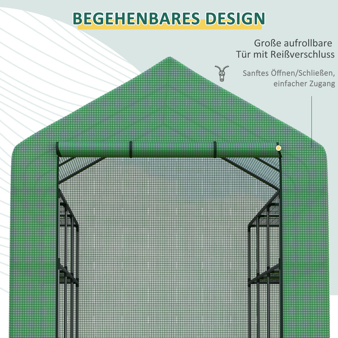 Plastikdrivhus, walk-in drivhus med 8 hylder, tomatdrivhus, drivhus, kold ramme med dør, grøn stål, pe-plast 244 x 180 x 210 cm
